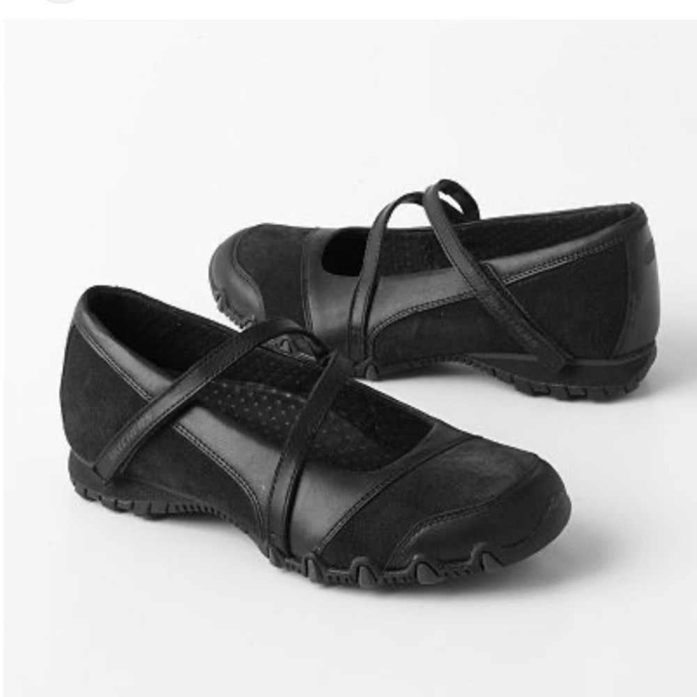 Skechers Bikers Mary Jane Black Leather Suede Flats Women's Size 7.5
